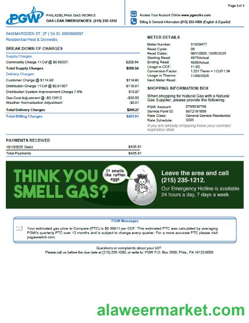 USA Philadelphia Gas Works utility bill template in Word and PDF formats, 3 pages. 3rd page